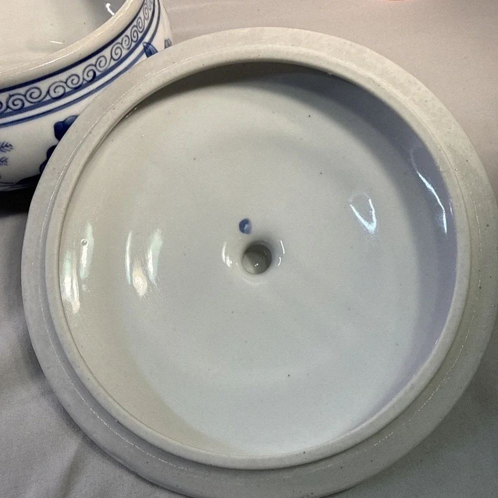 Vintage Asian Lidded Serving Bowl Blue and White Chinoiserie Porcelain Tureen
